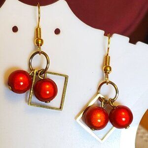 Gold Tone Hook Square and Orange Bead Earrings NWT